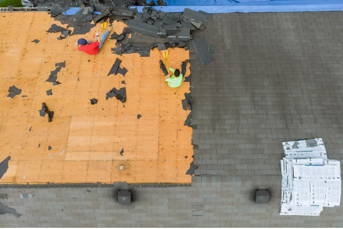 Aerial view of a full roof tear-off in progress — Concord area roof replacement by Southern Star Roofing